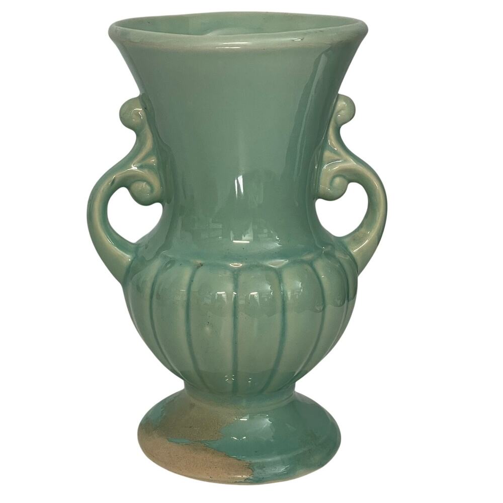 McCoy Teal Blue Green Vase Double Handle USA 8"